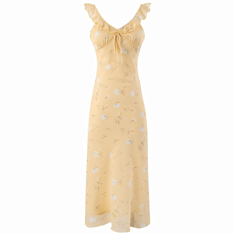 Women's Yellow Floral Long Dress - French Style, Spaghetti Strap, Waist-Cinching, Slim-Fit, Elegant Vacation Outfit
