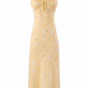 Women's Yellow Floral Long Dress - French Style, Spaghetti Strap, Waist-Cinching, Slim-Fit, Elegant Vacation Outfit