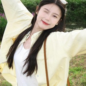 Women's Yellow Striped Shirt with Dog Embroidery, Loose Summer Jacket, American Style, Sun Protection, Trendy Dopamine Top