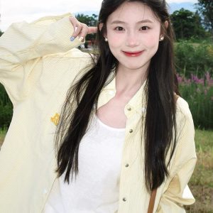 Women's Yellow Striped Shirt with Dog Embroidery, Loose Summer Jacket, American Style, Sun Protection, Trendy Dopamine Top