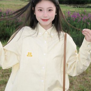 Women's Yellow Striped Shirt with Dog Embroidery, Loose Summer Jacket, American Style, Sun Protection, Trendy Dopamine Top
