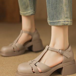 Woven Hollow Chunky Heeled Open-Toe Sandals for Women - 2025 Summer Pig Cage Style, Trendy Sheepskin High Heels