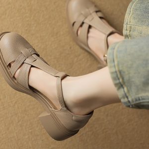 Woven Hollow Chunky Heeled Open-Toe Sandals for Women - 2025 Summer Pig Cage Style, Trendy Sheepskin High Heels