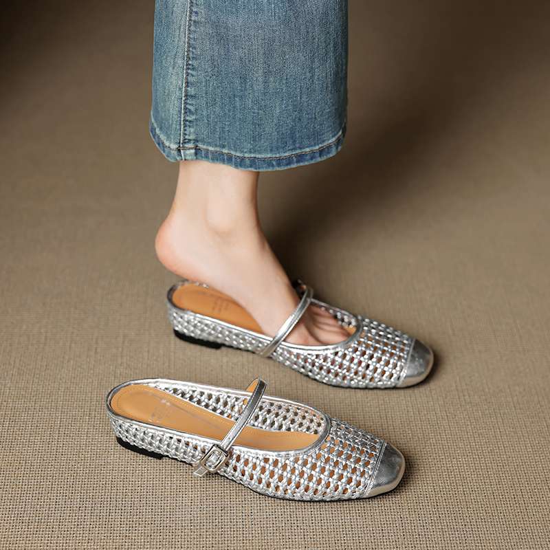 Woven Hollow Out Square Toe Genuine Leather Slippers for Women - 2025 Outdoor Style, Height Increasing Closed Toe Half Slippers