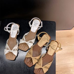 Woven Sheepskin Sandals for Women - Vintage Open-Toe Roman Shoes with Chunky Heel, One-Strap High Heels for Summer Outdoor Style