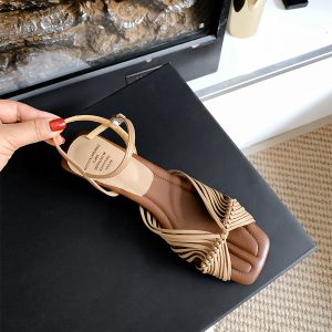 Woven Sheepskin Sandals for Women - Vintage Open-Toe Roman Shoes with Chunky Heel, One-Strap High Heels for Summer Outdoor Style