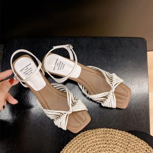 Woven Sheepskin Sandals for Women - Vintage Open-Toe Roman Shoes with Chunky Heel, One-Strap High Heels for Summer Outdoor Style