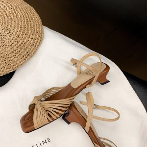 Woven Sheepskin Sandals for Women - Vintage Open-Toe Roman Shoes with Chunky Heel, One-Strap High Heels for Summer Outdoor Style