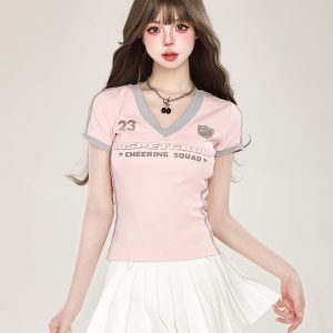 Y2K American Retro Sports Jersey V-Neck Short Sleeve T-Shirt for Women - Slim Fit Cotton Summer Top