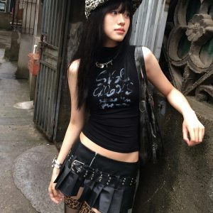 Y2K American-Style Half-High Collar Sleeveless T-Shirt Vest for Women - Trendy Slim-Fit Summer Top