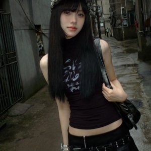 Y2K American-Style Half-High Collar Sleeveless T-Shirt Vest for Women - Trendy Slim-Fit Summer Top