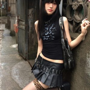 Y2K American-Style Half-High Collar Sleeveless T-Shirt Vest for Women - Trendy Slim-Fit Summer Top