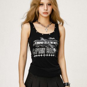 Y2K American Style Slim Fit Tank Top for Women - Beer Team Captain Graphic Summer Fashion 2025