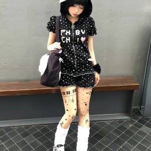 Y2K Bubble Sleeve Hooded T-Shirt and Shorts Set for Women - Trendy Summer Subculture Look