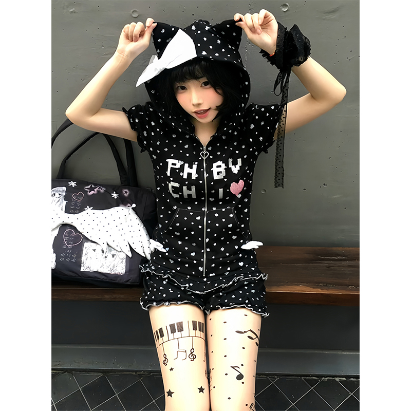 Y2K Bubble Sleeve Hooded T-Shirt and Shorts Set for Women - Trendy Summer Subculture Look