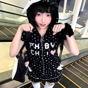 Y2K Bubble Sleeve Hooded T-Shirt and Shorts Set for Women - Trendy Summer Subculture Look