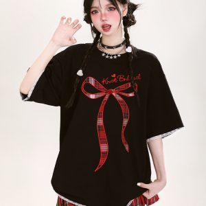 Y2K Butterfly Knot Embroidered Short Sleeve T-Shirt for Women - Summer Loose Fit Sweet Style Top