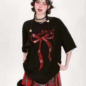 Y2K Butterfly Knot Embroidered Short Sleeve T-Shirt for Women - Summer Loose Fit Sweet Style Top