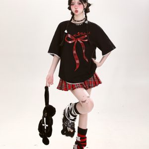 Y2K Butterfly Knot Embroidered Short Sleeve T-Shirt for Women - Summer Loose Fit Sweet Style Top