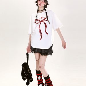 Y2K Butterfly Knot Embroidered Short Sleeve T-Shirt for Women - Summer Loose Fit Sweet Style Top