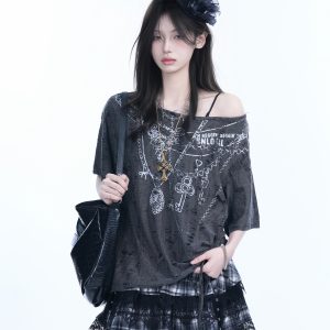 Y2K Butterfly Off-Shoulder Sleeveless T-Shirt - Destructive Feeling Women's Fashion Top for a Trendy Look
