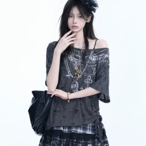 Y2K Butterfly Off-Shoulder Sleeveless T-Shirt - Destructive Feeling Women's Fashion Top for a Trendy Look