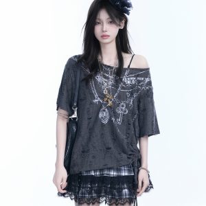 Y2K Butterfly Off-Shoulder Sleeveless T-Shirt - Destructive Feeling Women's Fashion Top for a Trendy Look