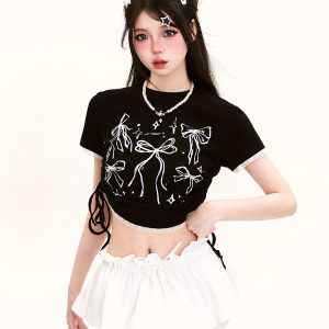 Y2K Butterfly Print Off-Shoulder Short Sleeve T-Shirt for Girls - Summer Fitted Top in Sweet and Spicy Style