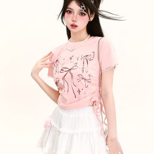Y2K Butterfly Print Off-Shoulder Short Sleeve T-Shirt for Girls - Summer Fitted Top in Sweet and Spicy Style