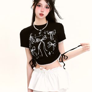 Y2K Butterfly Print Off-Shoulder Short Sleeve T-Shirt for Girls - Summer Fitted Top in Sweet and Spicy Style