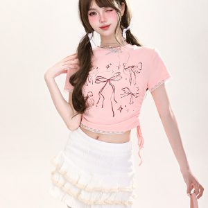 Y2K Butterfly Print Off-Shoulder Short Sleeve T-Shirt for Girls - Summer Fitted Top in Sweet and Spicy Style