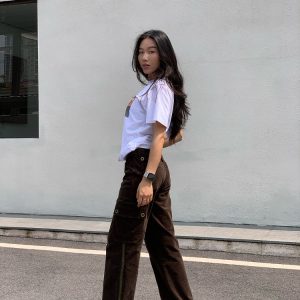 Y2K Cargo Pants with Zipper in Brown and Green - Towel Elastic Material, Trendy Waist-to-Hip Ratio, Urban Street Style