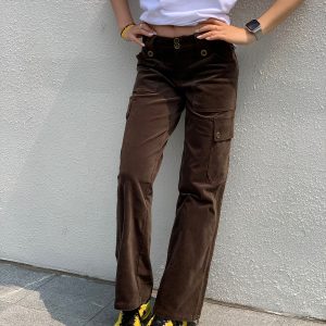 Y2K Cargo Pants with Zipper in Brown and Green - Towel Elastic Material, Trendy Waist-to-Hip Ratio, Urban Street Style