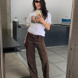 Y2K Cargo Pants with Zipper in Brown and Green - Towel Elastic Material, Trendy Waist-to-Hip Ratio, Urban Street Style