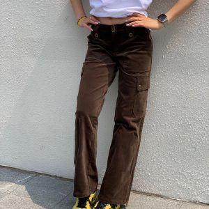 Y2K Cargo Pants with Zipper in Brown and Green - Towel Elastic Material, Trendy Waist-to-Hip Ratio, Urban Street Style