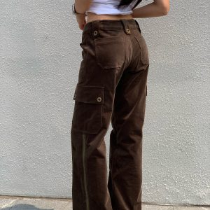 Y2K Cargo Pants with Zipper in Brown and Green - Towel Elastic Material, Trendy Waist-to-Hip Ratio, Urban Street Style