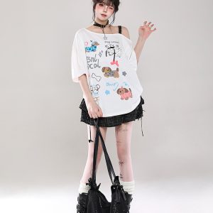 Y2K Cartoon Print Off-Shoulder Lace Short Sleeve T-Shirt for Women - Summer 2025 Sweet and Spicy Loose Casual Top