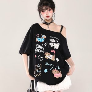Y2K Cartoon Print Off-Shoulder Lace Short Sleeve T-Shirt for Women - Summer 2025 Sweet and Spicy Loose Casual Top