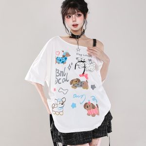 Y2K Cartoon Print Off-Shoulder Lace Short Sleeve T-Shirt for Women - Summer 2025 Sweet and Spicy Loose Casual Top
