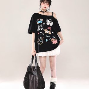 Y2K Cartoon Print Off-Shoulder Lace Short Sleeve T-Shirt for Women - Summer 2025 Sweet and Spicy Loose Casual Top