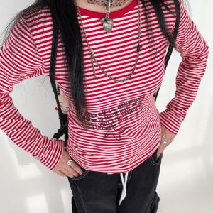 Y2K Color-Block Striped Long Sleeve Tee for Women - Autumn 2024 Trendy Base Top