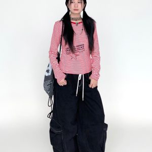 Y2K Color-Block Striped Long Sleeve Tee for Women - Autumn 2024 Trendy Base Top