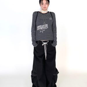 Y2K Color-Block Striped Long Sleeve Tee for Women - Autumn 2024 Trendy Base Top