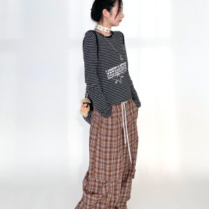 Y2K Color-Block Striped Long Sleeve Tee for Women - Autumn 2024 Trendy Base Top