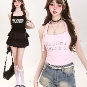 Y2K Halter Neck Sleeveless Summer Tank Top for Women - Hot and Spicy American Style Fashion Essential