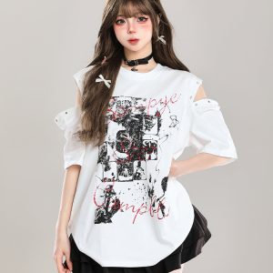 Y2K Off-Shoulder Graffiti Print Short Sleeve T-Shirt for Women - Summer American Style Fashion Top