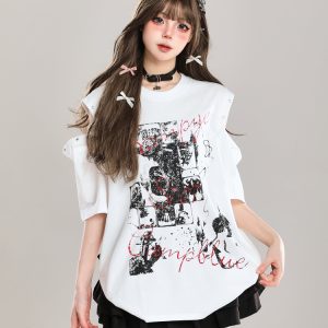 Y2K Off-Shoulder Graffiti Print Short Sleeve T-Shirt for Women - Summer American Style Fashion Top