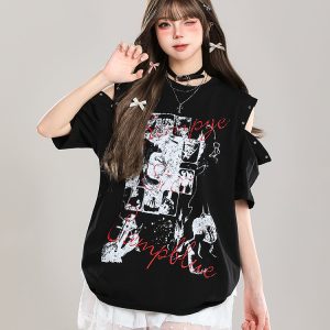 Y2K Off-Shoulder Graffiti Print Short Sleeve T-Shirt for Women - Summer American Style Fashion Top
