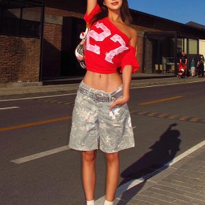 Y2K Off-Shoulder Red T-Shirt for Summer, Loose Fit Short-Sleeve Top with Digital Print, Spicy Girl American Style