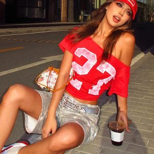 Y2K Off-Shoulder Red T-Shirt for Summer, Loose Fit Short-Sleeve Top with Digital Print, Spicy Girl American Style